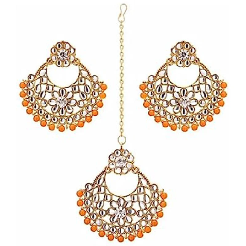 women rose gold earrings -Subhag Alankar Orange Alloy Jewel Set with Maangtikka