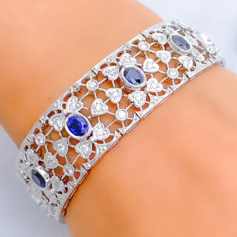 women art deco bracelets -Impressive Floral Blue Sapphire Diamond + 18k Gold Bracelet