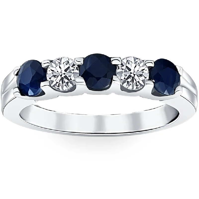 women three-stone engagement rings -1 Ct Blue Sapphire Diamond Five Stone Wedding Anniversary Ring 14K White Gold