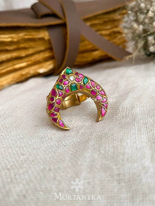 women engagement ring sets -Multicolor Gold Plated Thappa Jadau Kundan Ring - TJ-R18M