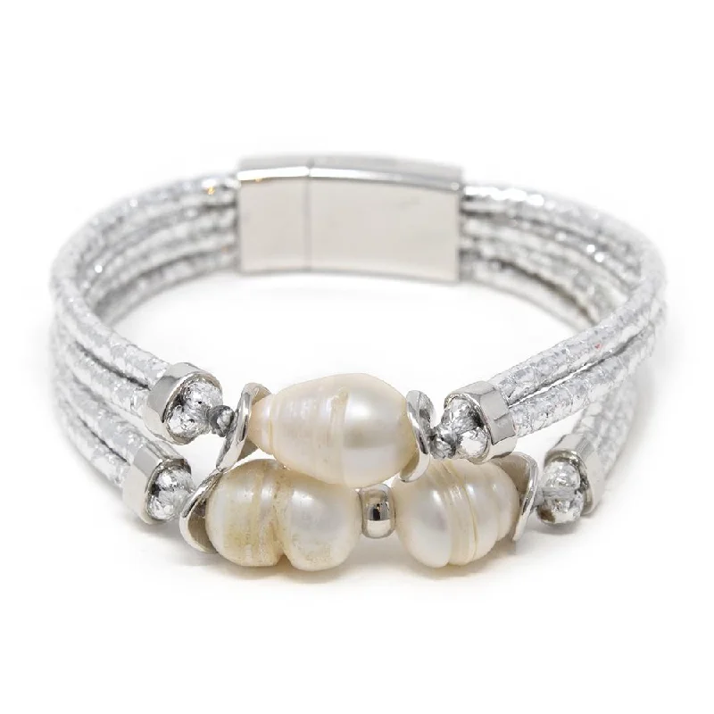 women oval bracelets -Silver Leather Bracelet With Pearls Station