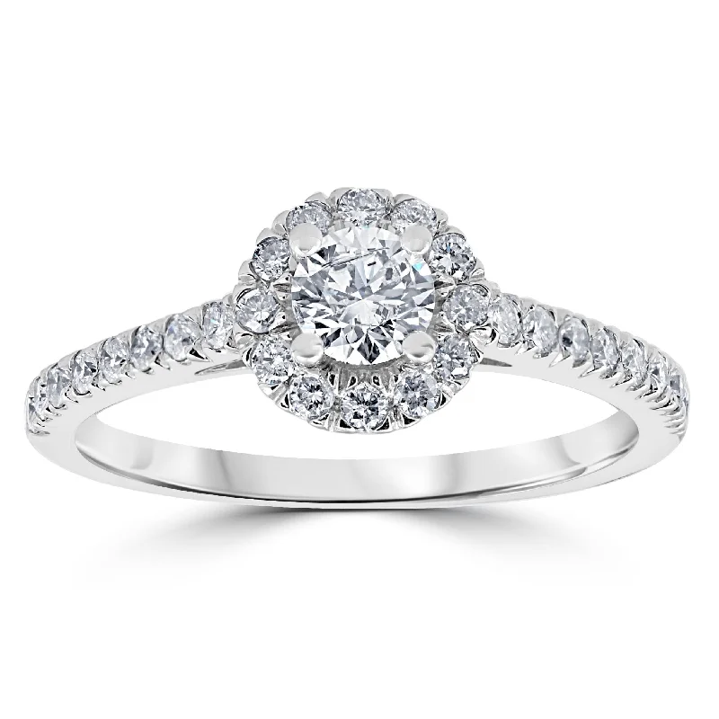 women classic solitaire diamond engagement rings -3/4ct Round Diamond Halo Engagement Ring 14K White Gold