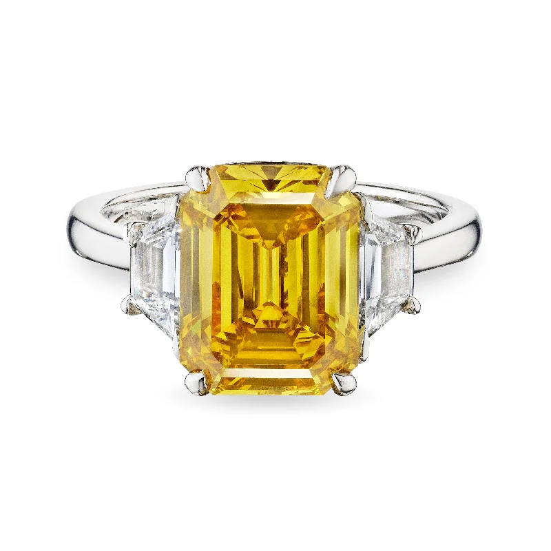 women engraved rings -Emerald Cut Fancy Deep Brownish Yellow Diamond Ring with Trapezoids, 4 CT