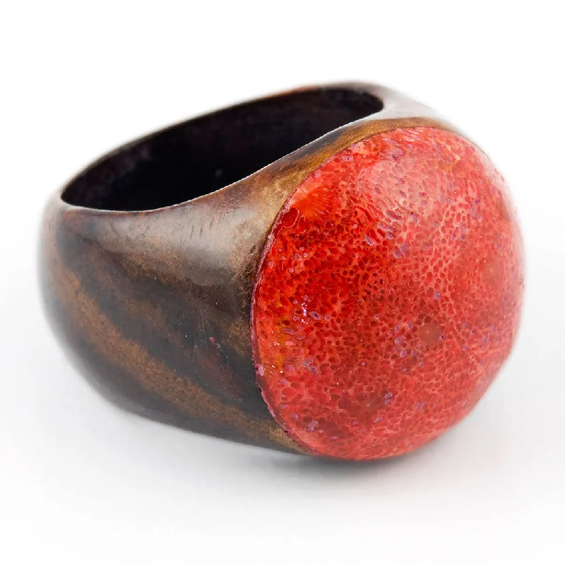 women round diamond rings -Wooden Ring - Red Coral