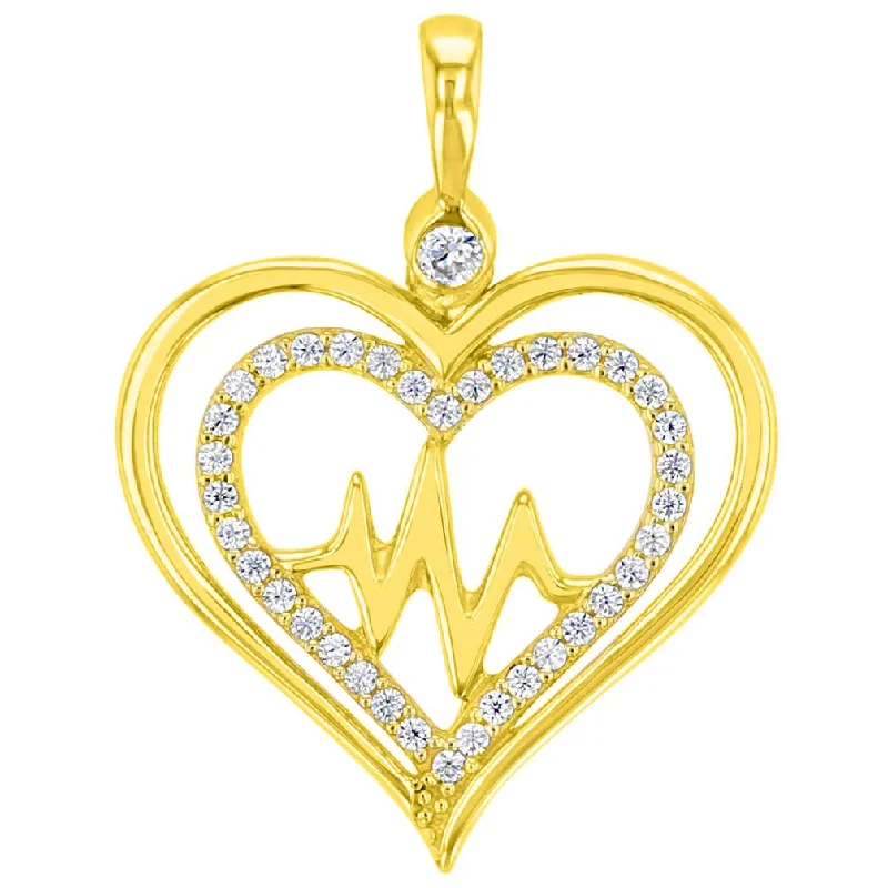 women fancy necklaces -Solid 14K Yellow Gold CZ Double Heart Heartbeat Pendant