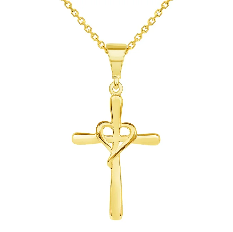 women engraved necklaces -14k Yellow Gold Simple Religious Cross with Heart Pendant Necklace