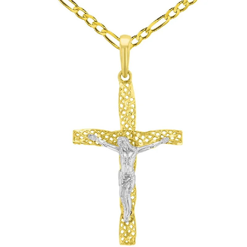 women gold necklaces -14K Two-Tone Gold Textured Spiral Tube Cross Crucifix Pendant with Figaro Chain Necklace