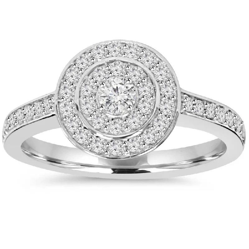 women engagement rings with side stones -1/2ct Double Halo Round Diamond Engagement Ring 10K White Gold