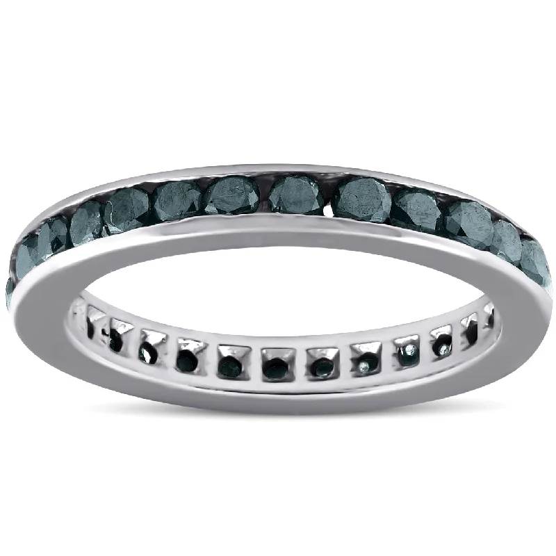 women platinum solitaire engagement rings -1 1/2ct Treated Black Diamond Channel Set Eternity Ring 14K White Gold