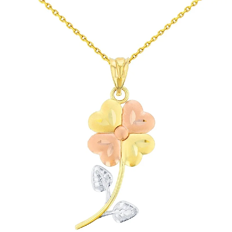 women trendy gold necklaces -14K Yellow Gold & Rose Gold Textured Tri Color Celtic Four Leaf Clover Charm Pendant Necklace