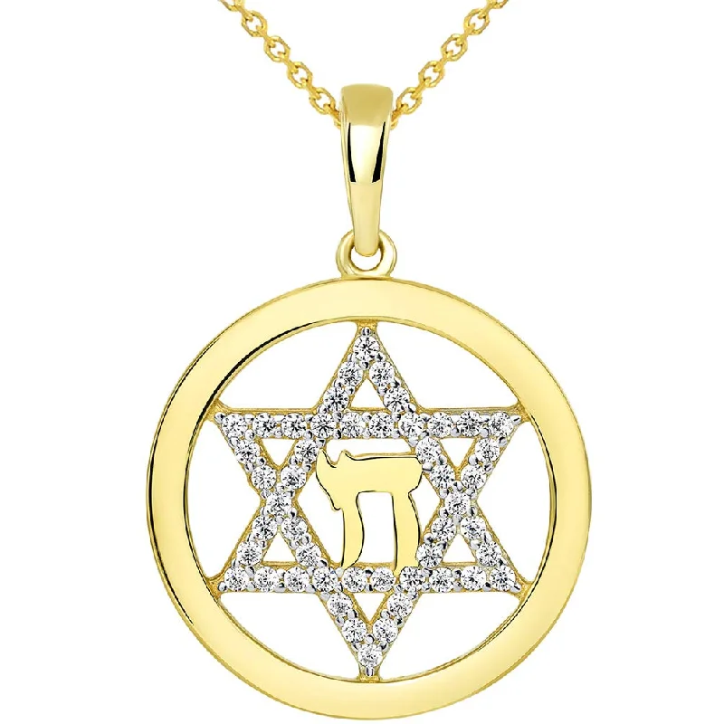 women geometric necklaces -14k Yellow Gold Round CZ Jewish Star of David with Chai Symbol Pendant Necklace