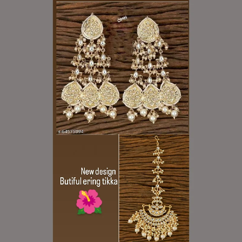 women floral earrings -Lucentarts Jewellery Gold Plated Dangler Earrings With Maangtikka