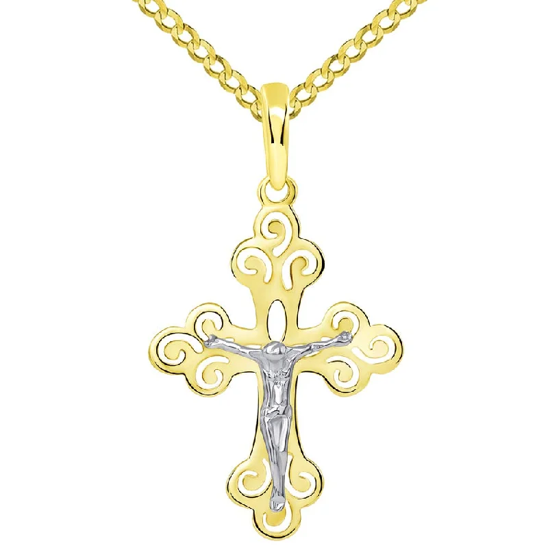 women rope necklaces -14k Two-Tone Gold Open Filigree Orthodox Cross Christian Crucifix Pendant with Cuban Necklace