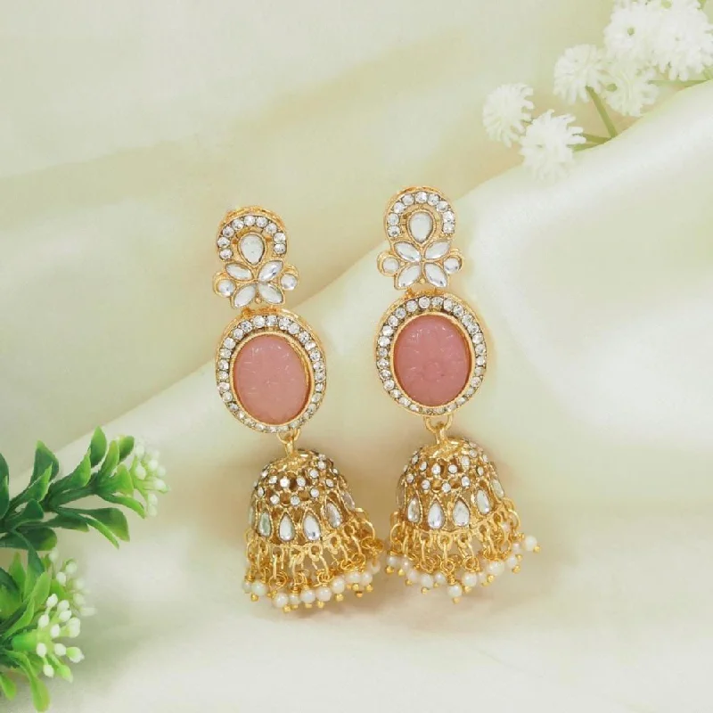 women stacked earrings -Etnico Gold Plated Traditional Kundan & Pearl Jhumka Dangle Earrings (Pink)