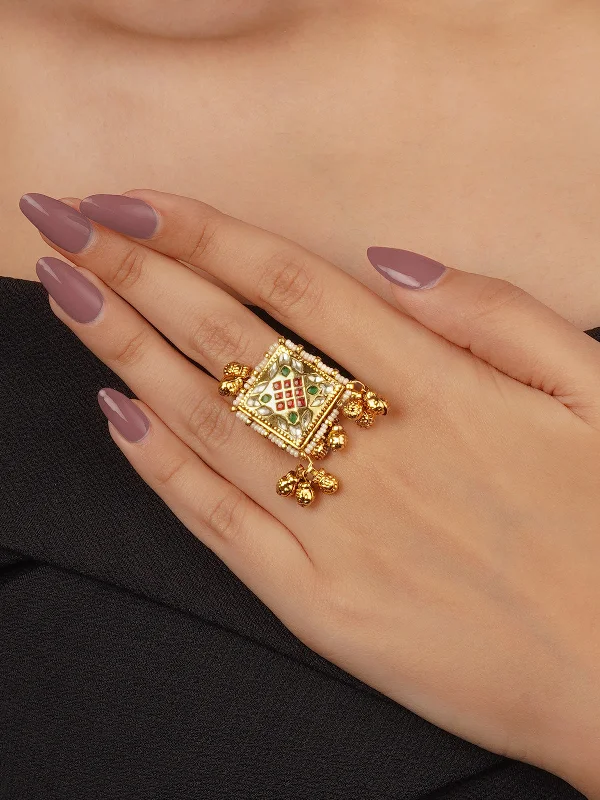 women bold statement rings -Multicolor Gold Plated Jadau Kundan Ring - MRNG189M