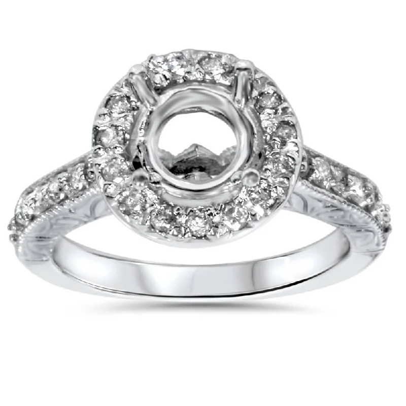 women unique wedding engagement rings -1/2ct Vintage Halo Diamond Ring Setting 14K White Gold