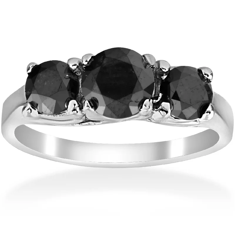 women unique wedding engagement rings -2 1/3ct Three Stone Black Diamond Engagement Ring 14K White Gold