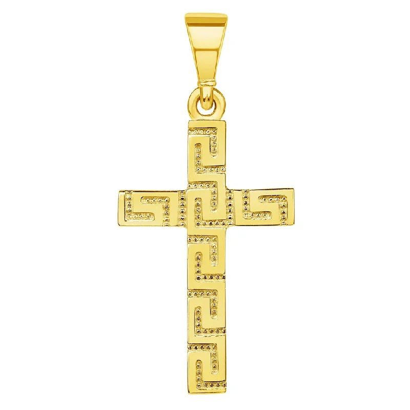 women silver chain necklaces -14k Yellow Gold Greek Key Religious Latin Cross Pendant (Reversible)