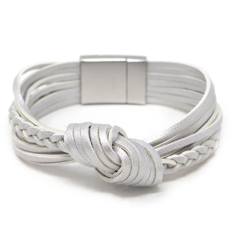 women stack bracelets -Multi Row Leather Knot Braid Bracelet Silver