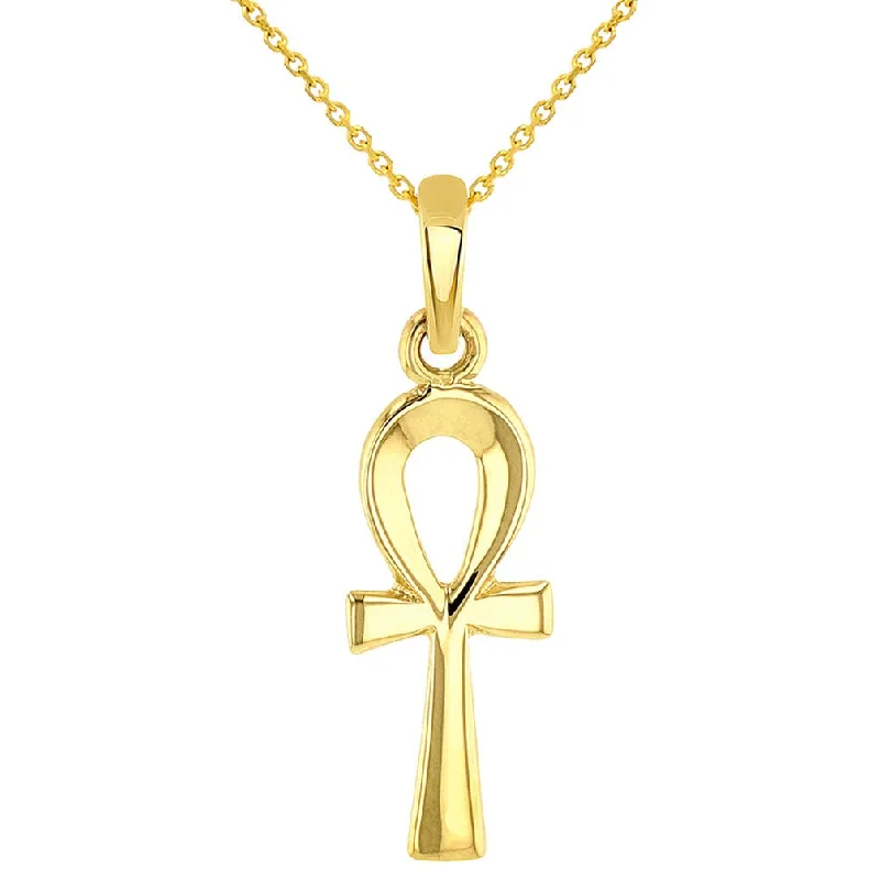 women diamond necklaces -Solid 14k Yellow Gold Mini Dainty Egyptian Ankh Cross Charm Pendant with Chain Necklace