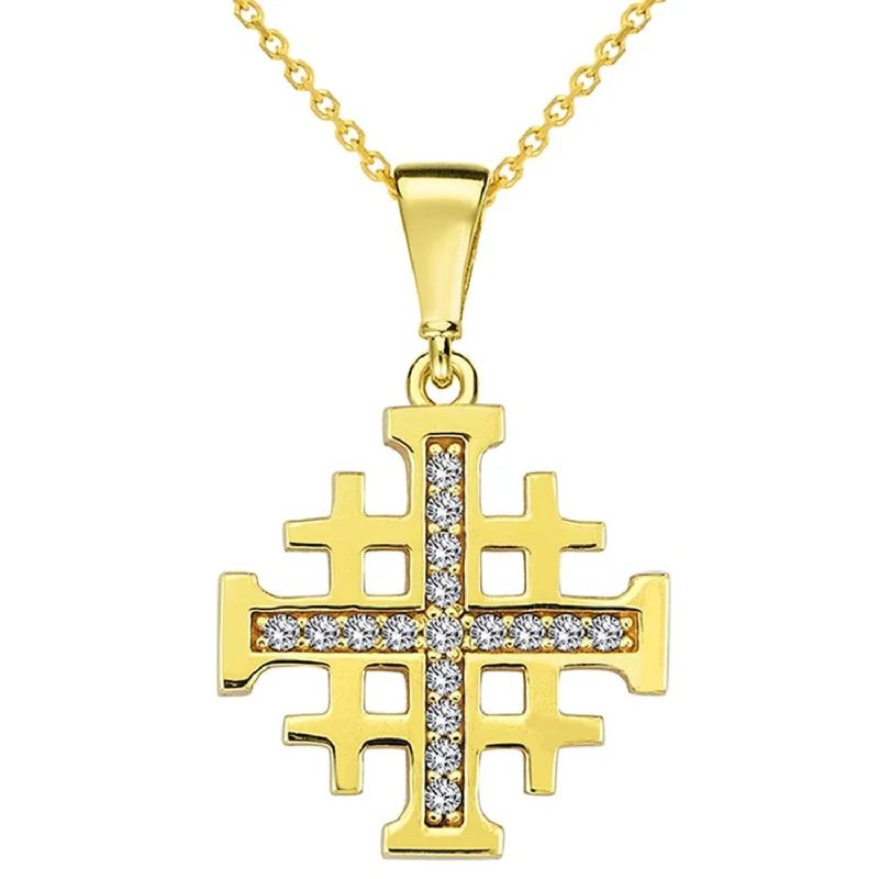 women delicate necklaces -Solid 14k Yellow Gold CZ Religious Crusaders Jerusalem Cross Pendant Necklace