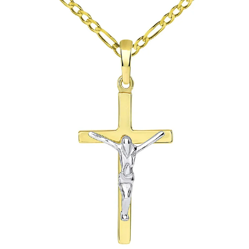 women flower necklaces -Solid 14K Two-Tone Gold Simple Cross Jesus Crucifix Charm Pendant with Figaro Chain Necklace