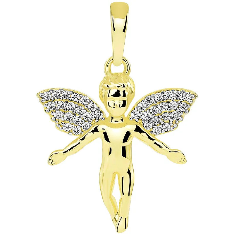 women engraved necklaces -14k Yellow Gold Cubic-Zirconia Micro Angel Cherub Piece Pendant (1 inch)