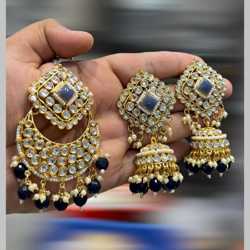 women long earrings -Hira Collections Gold Plated Kundan Stone And Beads Jhumki With Maangtikka