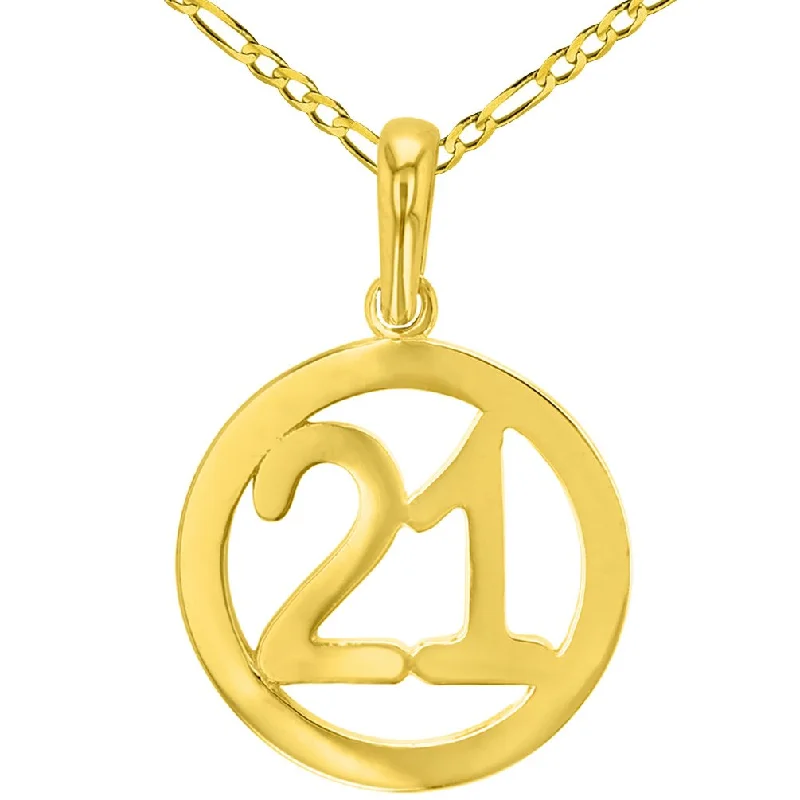 women butterfly pendant necklaces -Solid 14K Yellow Gold Round Number Twenty One Charm Pendant with Figaro Chain Necklace