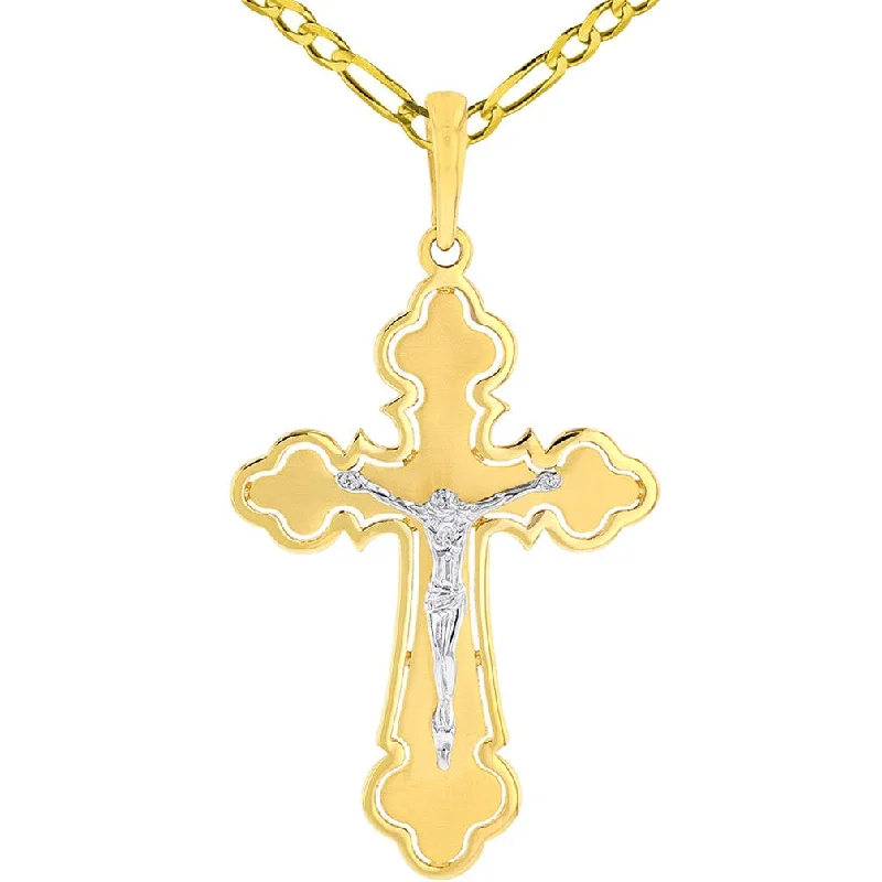 women ruby necklaces -14k Two Tone Gold Open Outline Cross Eastern Orthodox Crucifix Pendant Figaro Link Necklace