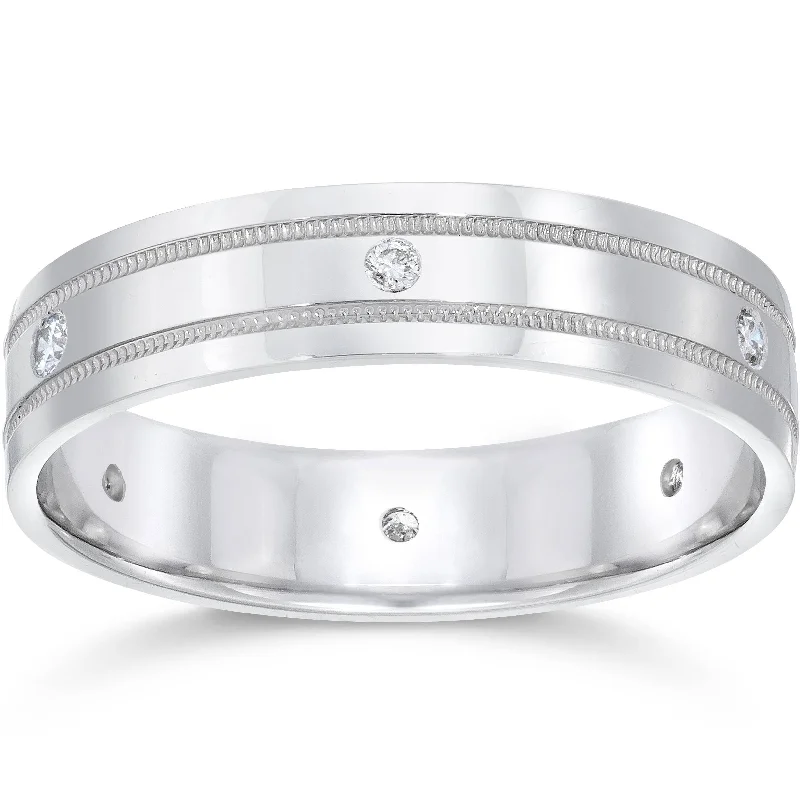 women engraved wedding bands -Mens 14K White Gold Diamond Wedding Anniversary Band