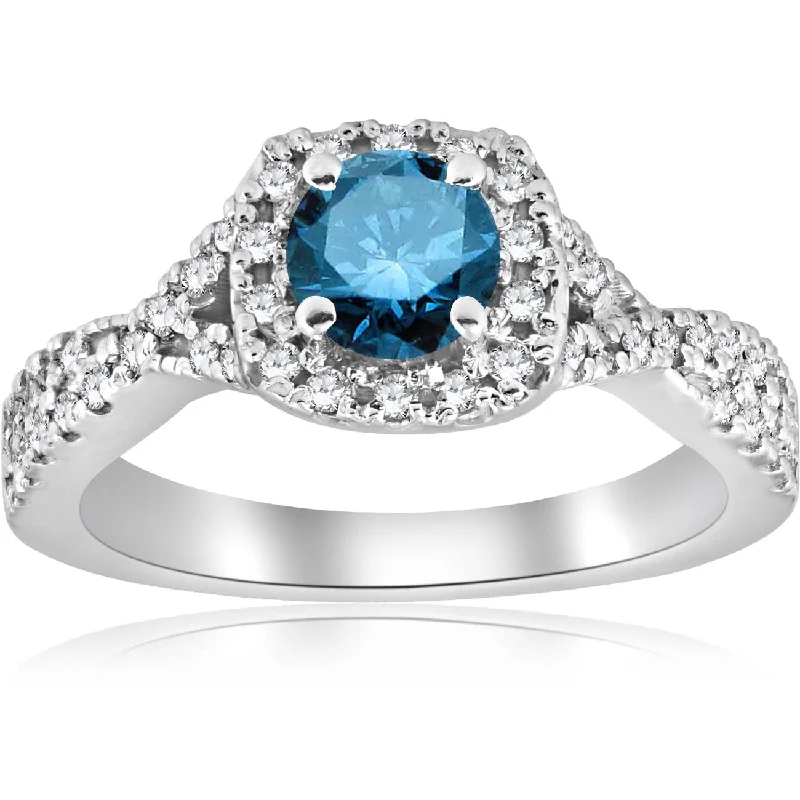 women custom designed engagement rings -1ct Blue Diamond Engagement Ring 14K White Gold