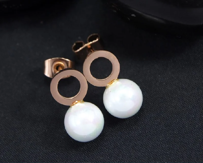 women geometric earrings -Tarohi Jewels Stainless Steel Rosegold Plated Pearl Stud Earring-STNER 2746