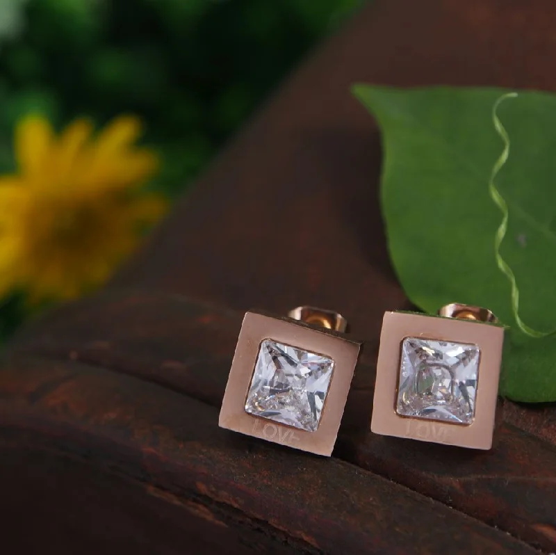 women boho earrings -Tarohi Jewels Stainless Steel Rosegold Plated Square CZ Stud Earring-STNER 2825