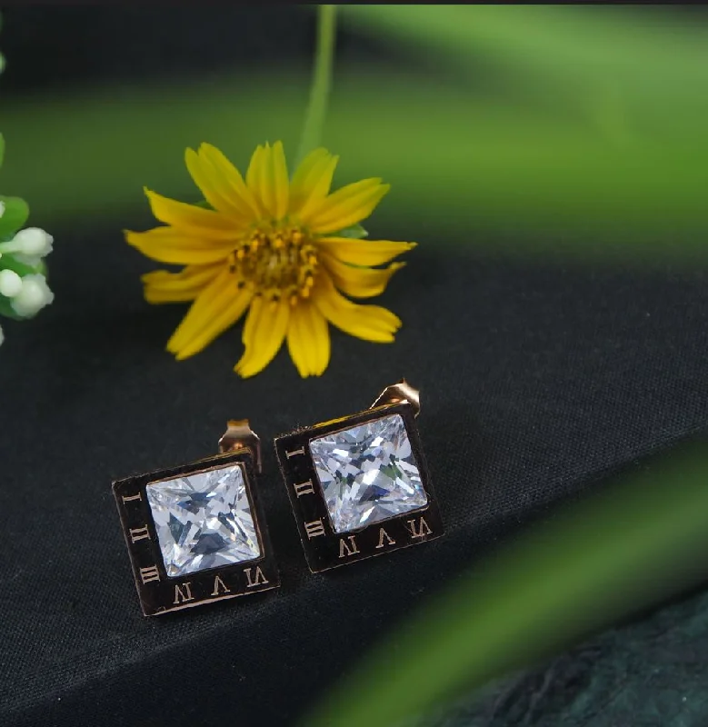 women designer earrings -Tarohi Jewels Stainless Steel Rosegold Plated Square Shaped Roman Numerals Stud Earring-STNER 2849