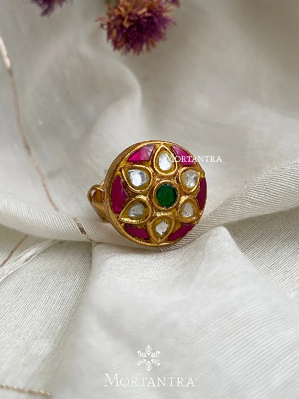 women classic solitaire rings -Multicolor Gold Plated Thappa Jadau Kundan Ring - TJ-R8M