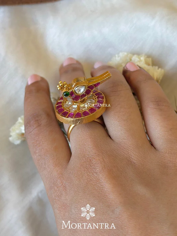 women personalized promise rings -Multicolor Gold Plated Thappa Jadau Kundan Ring - TJ-R60M