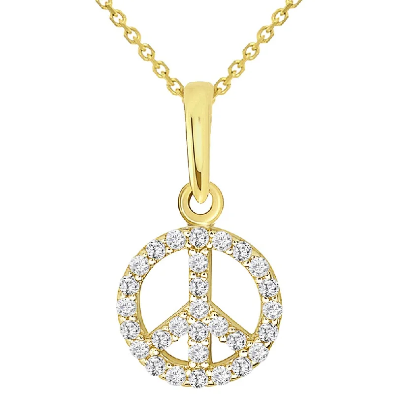 women minimalist necklaces -Solid 14k Yellow Gold Small Peace Symbol Charm Pendant Necklace with Cubic Zirconia