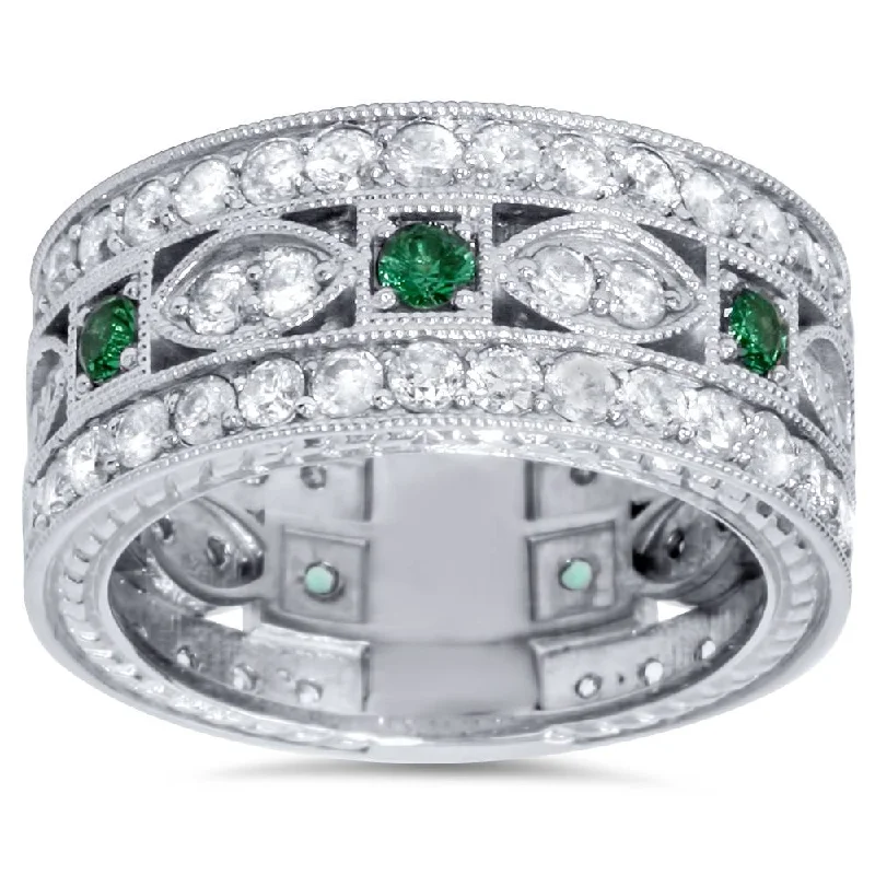 women double halo engagement rings -2 1/4ct Vintage Diamond & Emerald 3/4 Eternity Ring 9.5mm Wide 14K White Gold