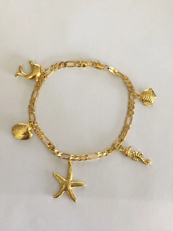 women statement bracelets -Gold Plated Dolphin Shell Seahorse Starfish Charm Bracelet