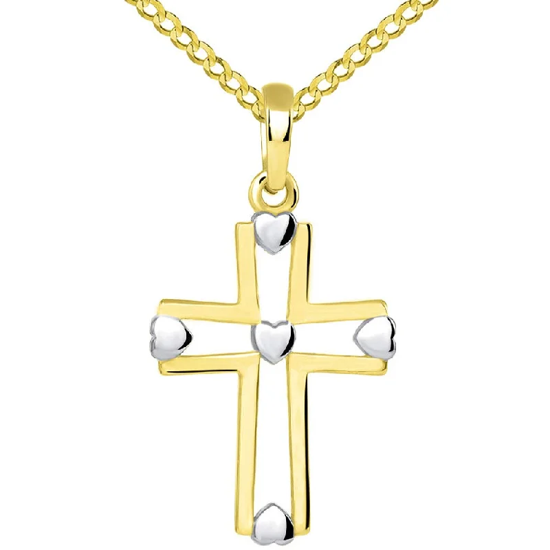 women statement gold necklaces -14k Yellow Gold Two Tone Open Christian Cross Heart Pendant with Cuban Necklace