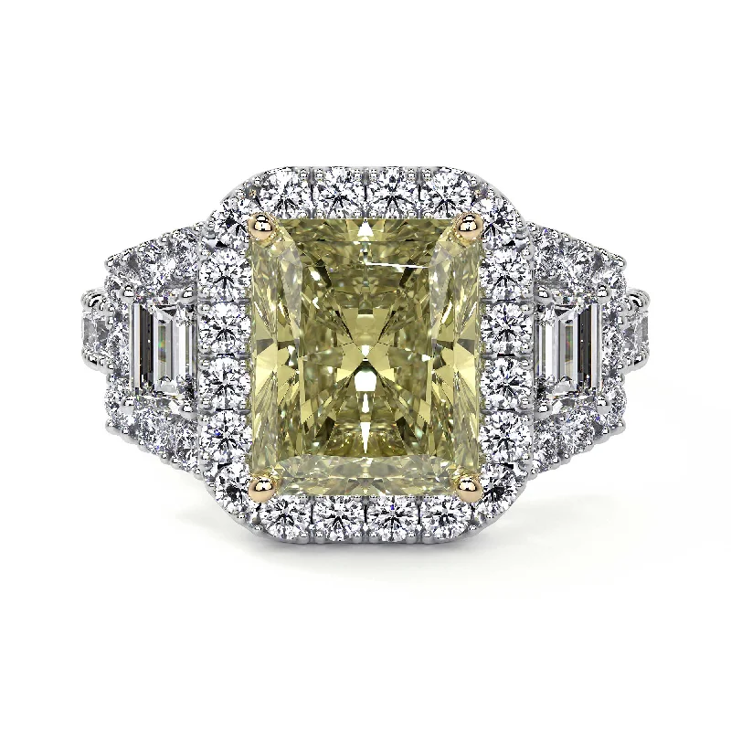 women large rings -Fancy Yellow Diamond 3 Stone Ring WIth Halo