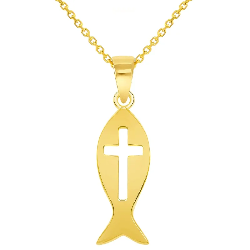 women diamond necklaces -14k Yellow Gold Ichthus Cut-Out Cross Charm Christian Fish Symbol Pendant Cable, Curb, or Figaro Chain Necklaces