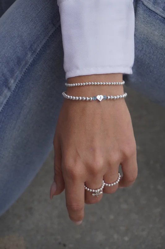 women birthstone bracelets -925 Sterling Silver Heart Initial Swarovski Birthstone Bracelet, Sterling Silver Stretch Bracelet, Initial Bracelet, Birthstone Bracelet