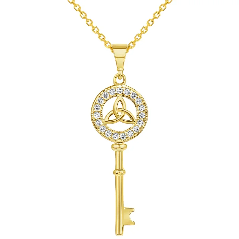 women crystal necklaces -14k Yellow Gold Cubic-Zirconia Trinity Triquetra Knot Celtic Key Pendant Necklace