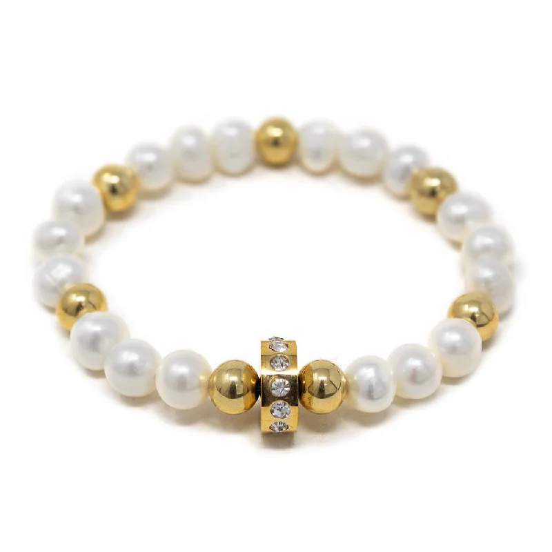 women hammered bangles -Stainless St Pearl and Ball Stretch Bracelet Crystal Gld Pl