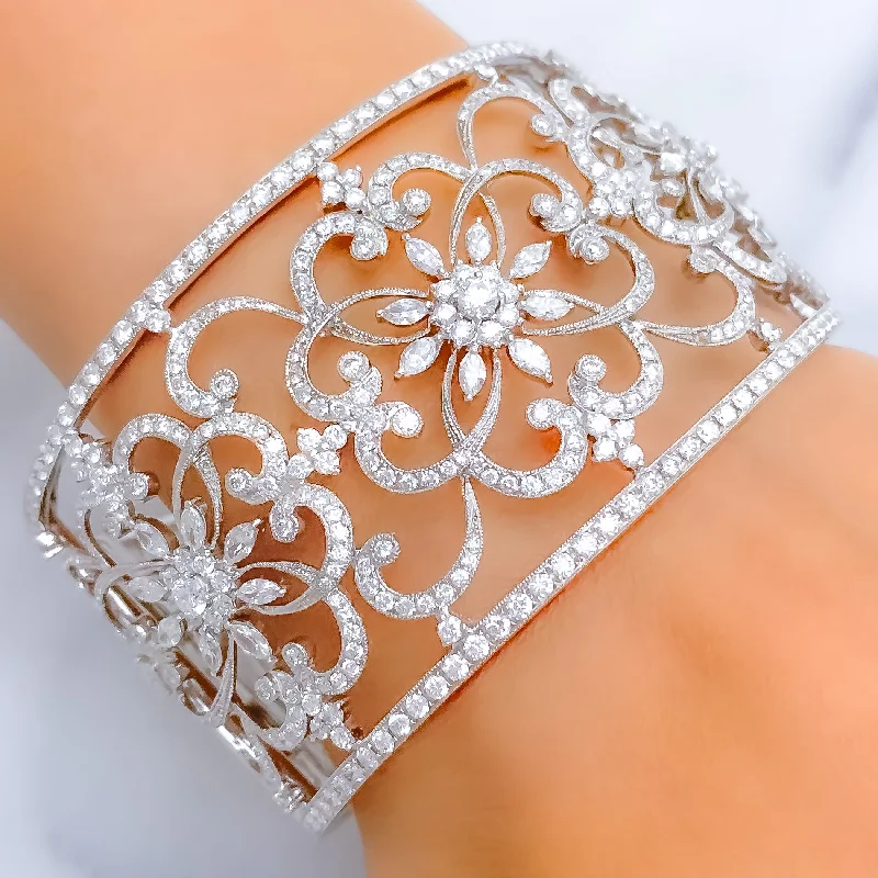 women minimalist bracelets -Extravagant Floral Motif Diamond + 18k Gold Bangle Bracelet