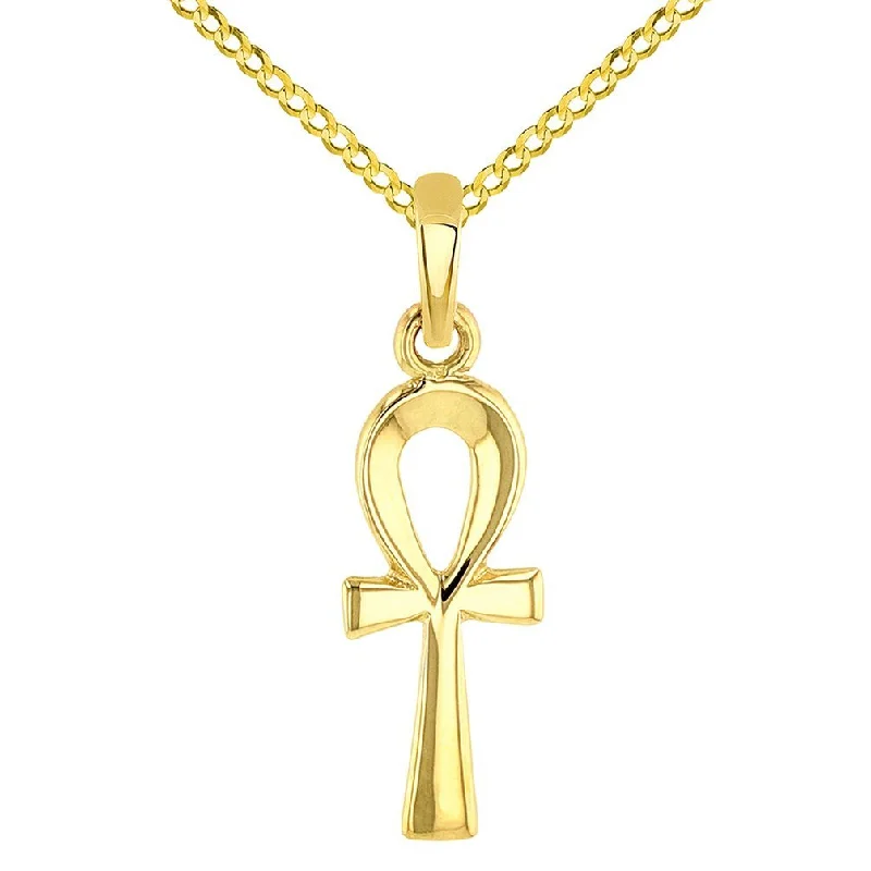 women pendant necklaces -Solid 14k Yellow Gold Dainty Egyptian Ankh Cross Charm Pendant with Cuban Chain Necklace