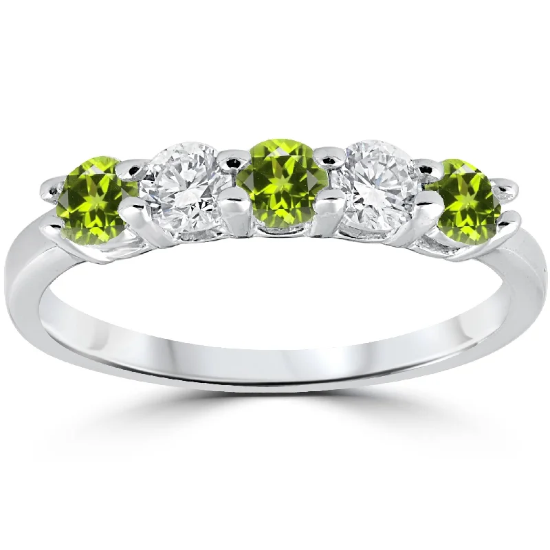 women diamond-accent engagement rings -1/2CT Peridot & Diamond 5 Stone Ring 14k White Gold