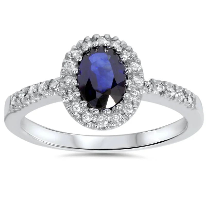 women sapphire gemstone engagement rings -3/4ct Oval Blue Sapphire Halo Diamond Ring 14K White Gold